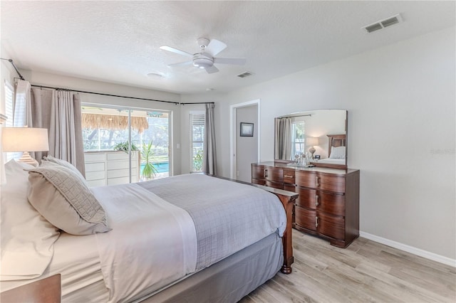 bedroom with a textured ceiling, access to outside, light hardwood / wood-style flooring, and ceiling fan