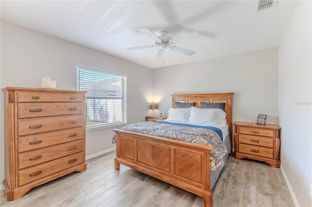 bedroom with light hardwood / wood-style floors and ceiling fan