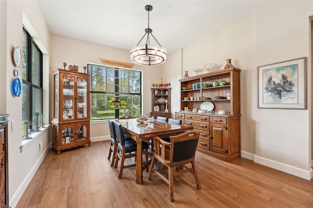 dining room with a chandelier, plenty of natural light, and light hardwood / wood-style flooring