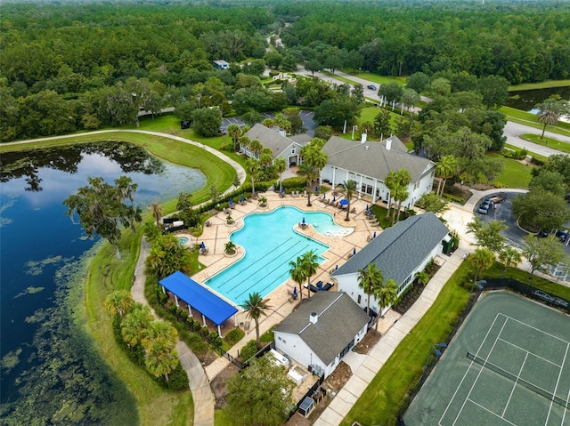 bird's eye view with a water view