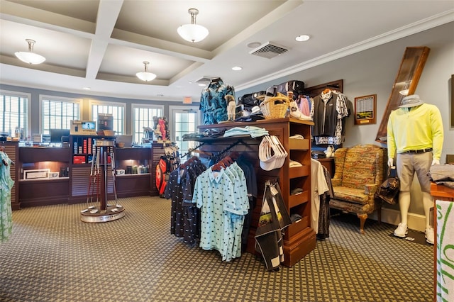 miscellaneous room with beamed ceiling, coffered ceiling, carpet, and crown molding