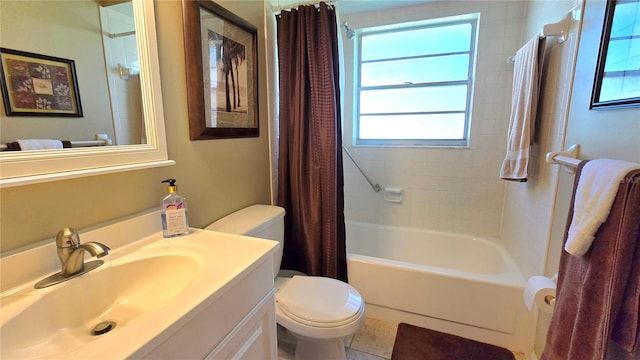 full bathroom featuring toilet, vanity, shower / bath combination with curtain, and tile patterned flooring