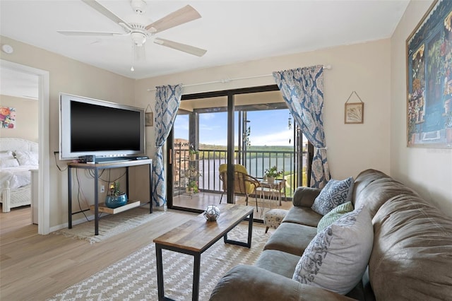 living room with ceiling fan and light wood-type flooring