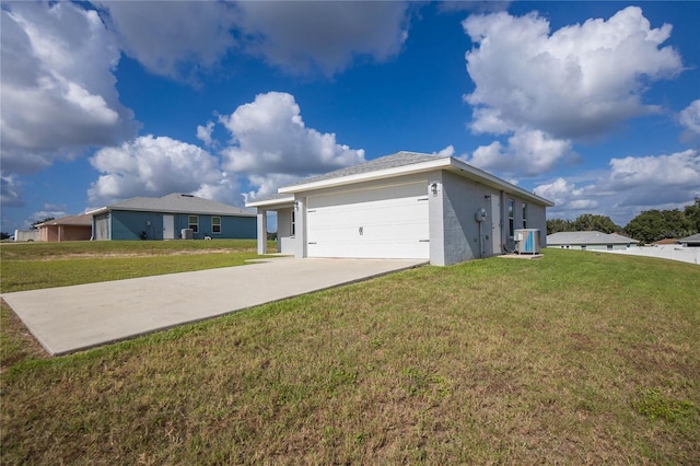 single story home with a garage, central air condition unit, and a front yard