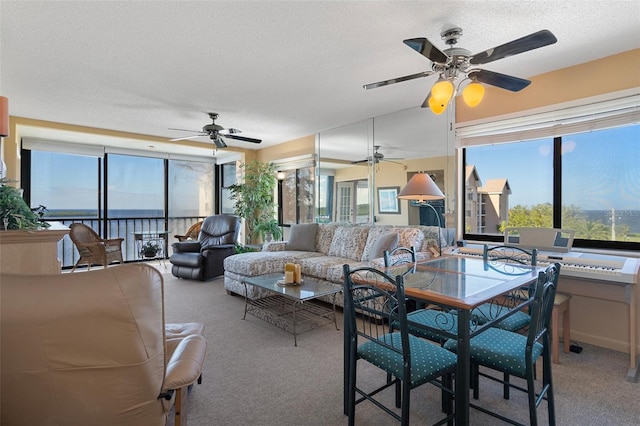 interior space featuring carpet flooring, ceiling fan, a textured ceiling, and a wealth of natural light