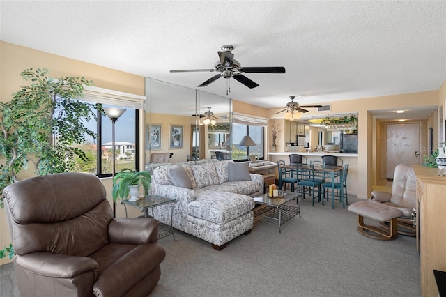 living room featuring a wealth of natural light, carpet, and a textured ceiling