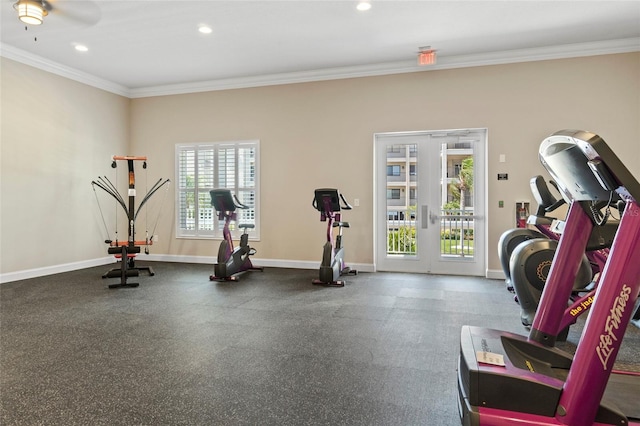 workout area featuring ceiling fan, french doors, and ornamental molding