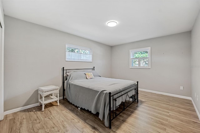 bedroom featuring light hardwood / wood-style floors and multiple windows