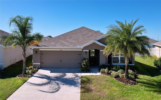 view of front of house with a garage and a front lawn