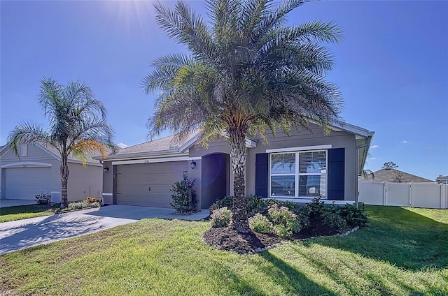 ranch-style house with a front yard and a garage