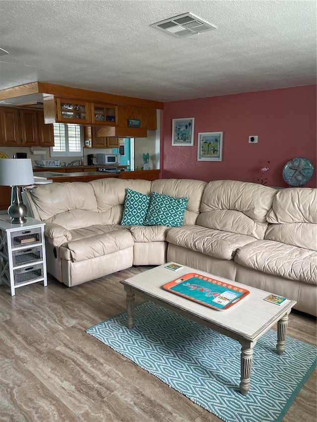 living room featuring hardwood / wood-style floors and a textured ceiling