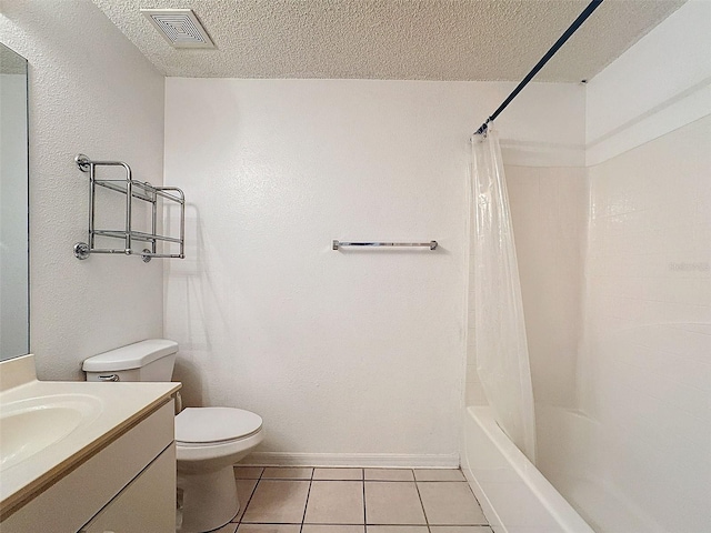 full bathroom with vanity, a textured ceiling, shower / bathtub combination with curtain, tile patterned flooring, and toilet