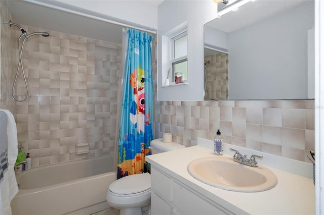 full bathroom with vanity, decorative backsplash, toilet, shower / bathtub combination with curtain, and tile walls