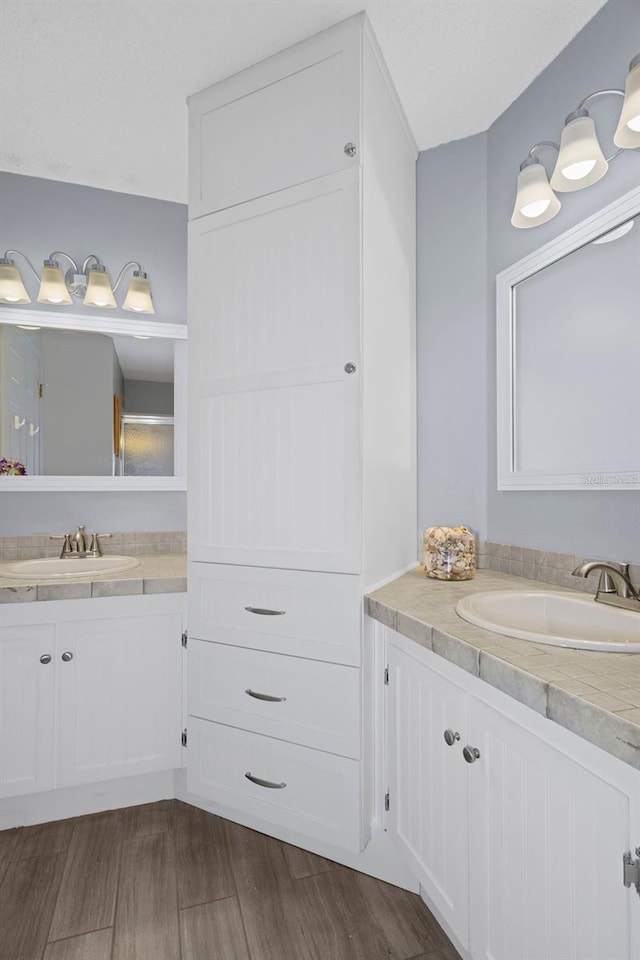 bathroom with vanity and hardwood / wood-style flooring