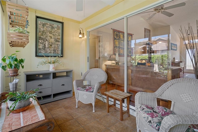 living area with ceiling fan