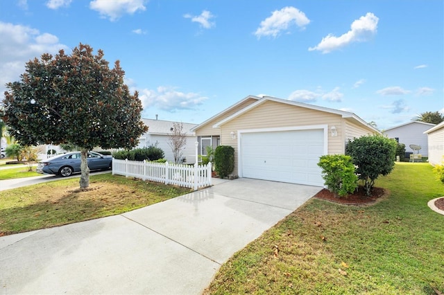 single story home featuring a garage and a front lawn