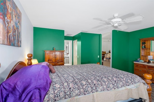 bedroom featuring ceiling fan and a closet