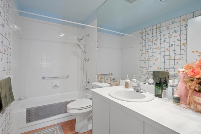 full bathroom with toilet, shower / tub combination, tile patterned floors, and vanity