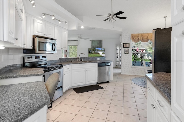 kitchen featuring plenty of natural light, white cabinets, and stainless steel appliances