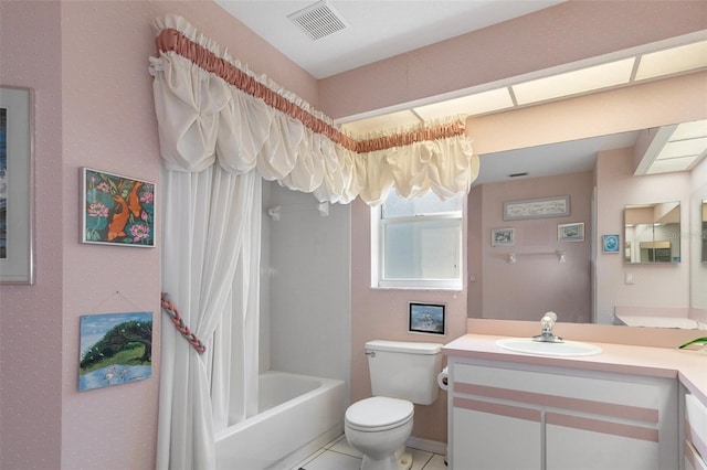 full bathroom with toilet, tile patterned floors, vanity, and shower / tub combo with curtain