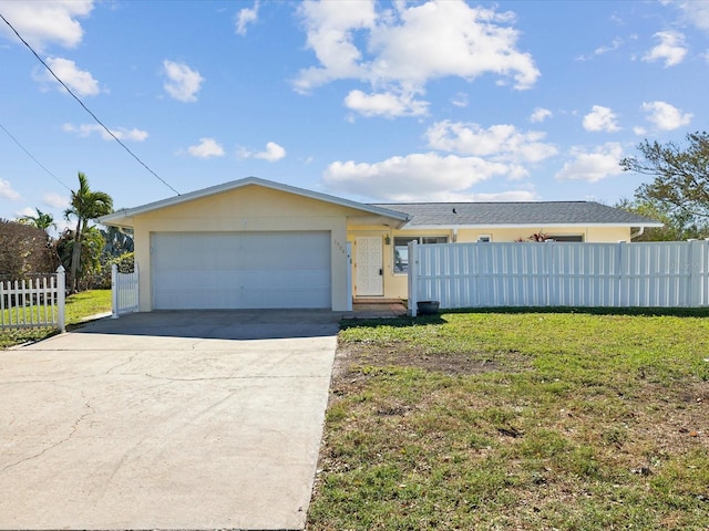 single story home featuring a garage and a front lawn