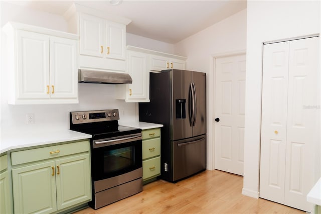 kitchen with exhaust hood, white cabinets, decorative backsplash, light wood-type flooring, and stainless steel appliances