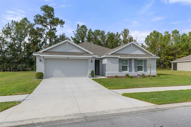 ranch-style house featuring a front yard and a garage