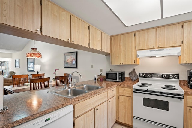 kitchen with light brown cabinetry, white appliances, and sink