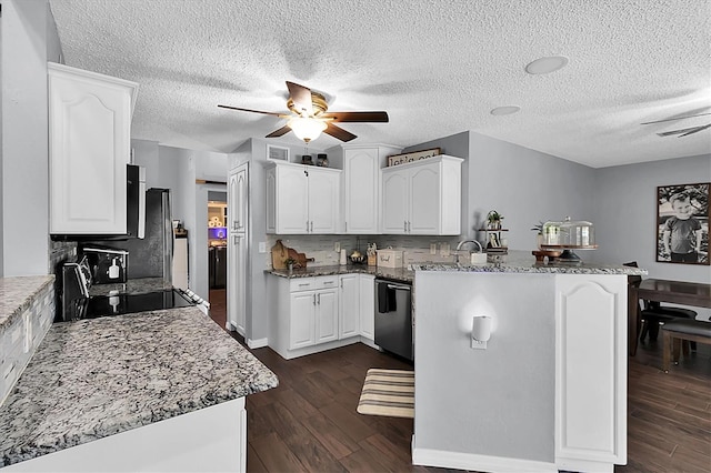 kitchen featuring dishwasher, dark wood-type flooring, black electric range, white cabinetry, and kitchen peninsula