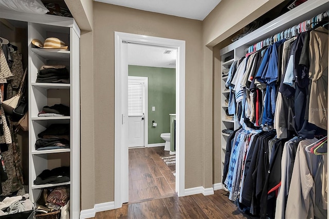 spacious closet with dark wood-type flooring