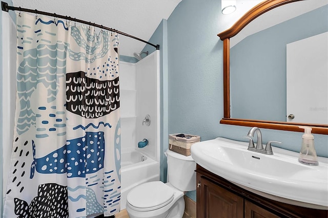 full bathroom featuring shower / bath combo, toilet, and vanity