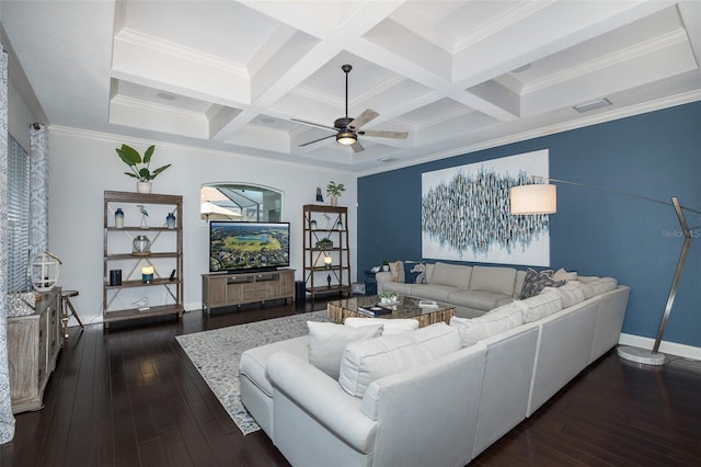 living room with beam ceiling, ceiling fan, coffered ceiling, dark hardwood / wood-style floors, and ornamental molding