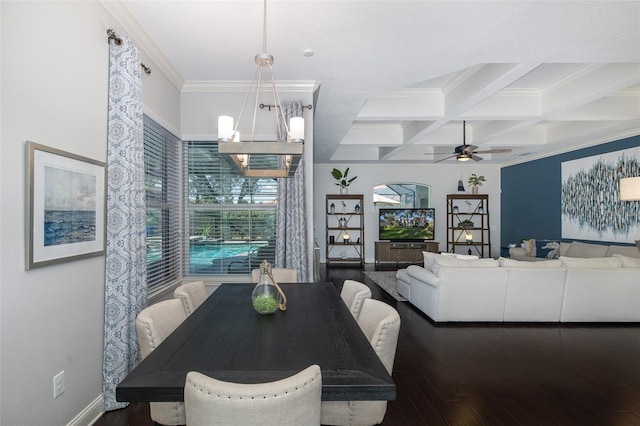 dining room featuring dark wood-type flooring, coffered ceiling, beamed ceiling, crown molding, and ceiling fan with notable chandelier