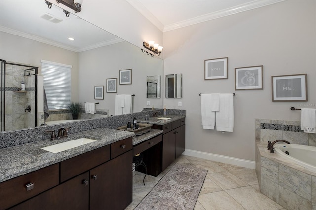 bathroom with tile patterned flooring, vanity, crown molding, and plus walk in shower