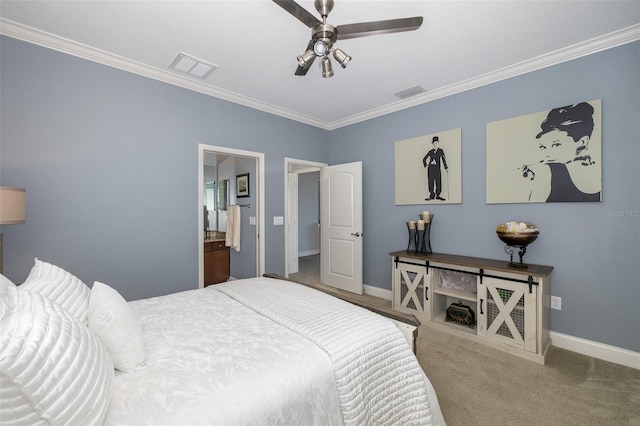 bedroom featuring ceiling fan, ornamental molding, and carpet floors