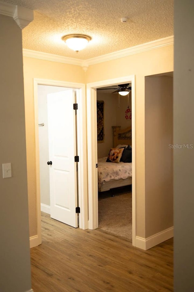 corridor featuring a textured ceiling, hardwood / wood-style flooring, and crown molding