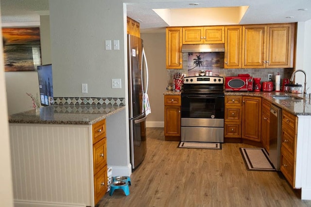 kitchen with stone counters, sink, decorative backsplash, light wood-type flooring, and stainless steel appliances