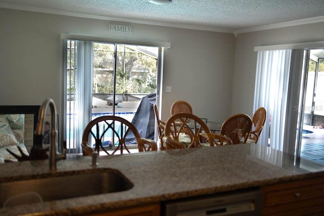 dining area featuring crown molding, sink, a healthy amount of sunlight, and a textured ceiling