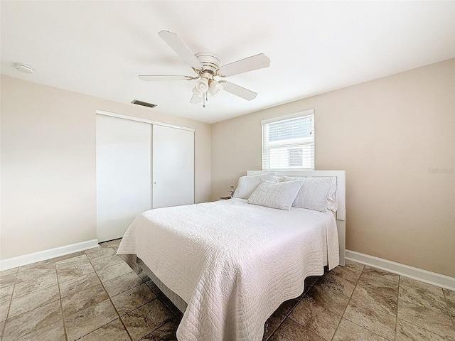 bedroom featuring ceiling fan and a closet