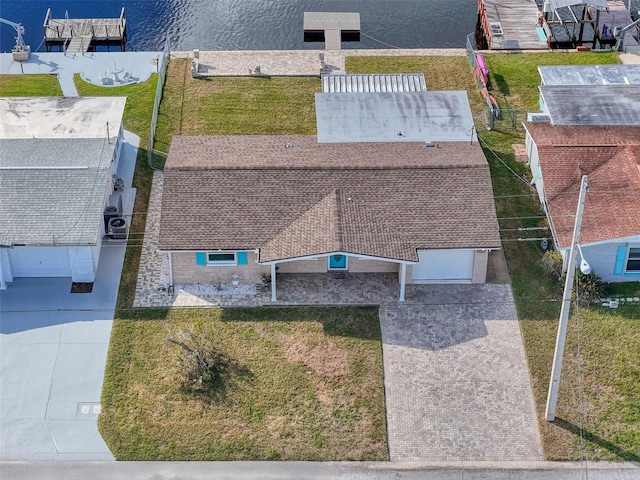 aerial view featuring a water view