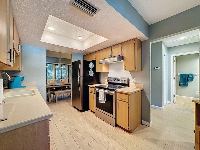 kitchen with appliances with stainless steel finishes, a tray ceiling, light hardwood / wood-style flooring, and sink