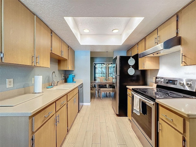 kitchen with a textured ceiling, stainless steel appliances, a raised ceiling, sink, and light hardwood / wood-style floors