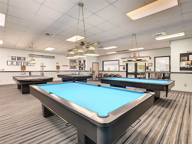 recreation room featuring a paneled ceiling and pool table