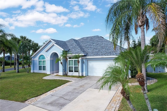 ranch-style home with a garage and a front lawn