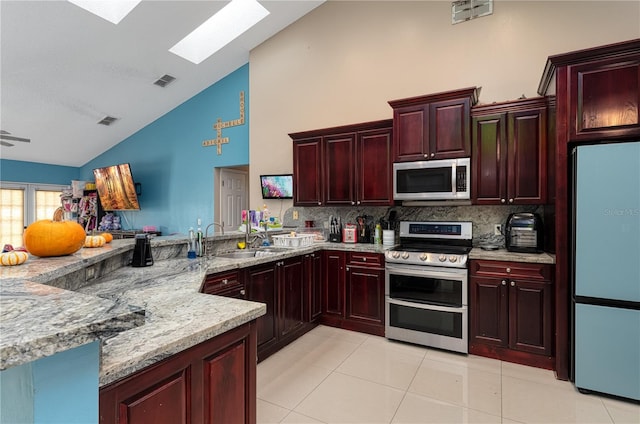 kitchen featuring a skylight, sink, high vaulted ceiling, backsplash, and appliances with stainless steel finishes