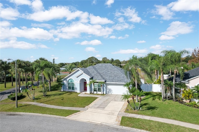 view of front of property featuring a front lawn and a garage