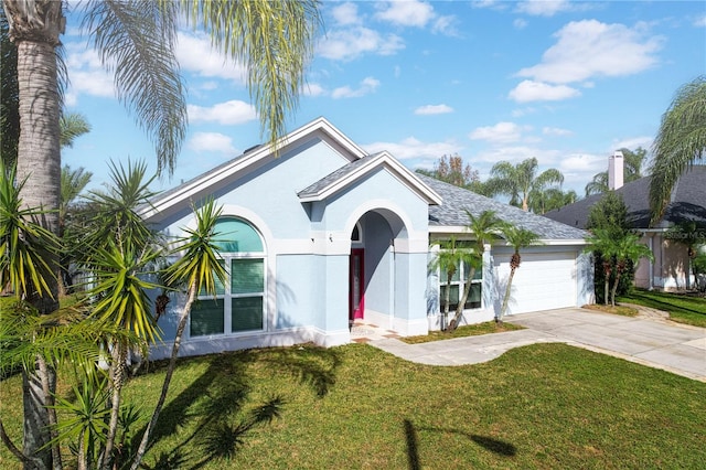 view of front facade with a garage and a front lawn