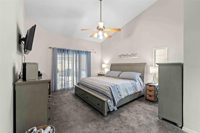 carpeted bedroom featuring access to outside, ceiling fan, and high vaulted ceiling