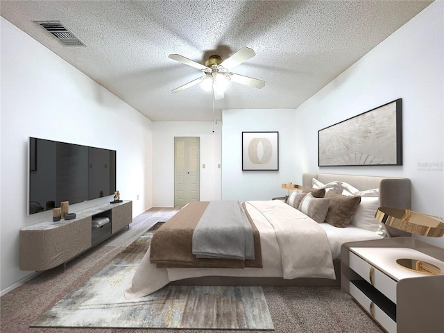 bedroom featuring ceiling fan, a closet, a textured ceiling, and dark colored carpet