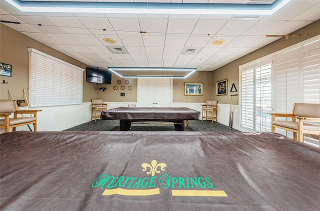 playroom featuring a paneled ceiling and billiards